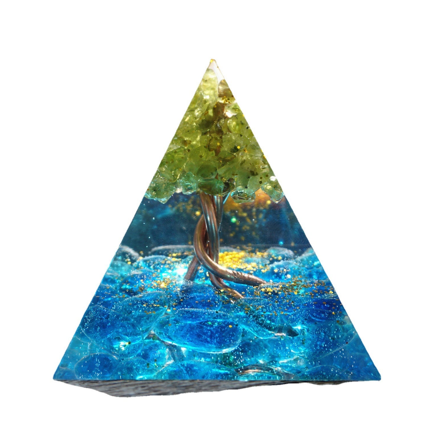 Orgonit Chakra Pyramid – 60 mm – Peridot, Blått Glas & Koppar